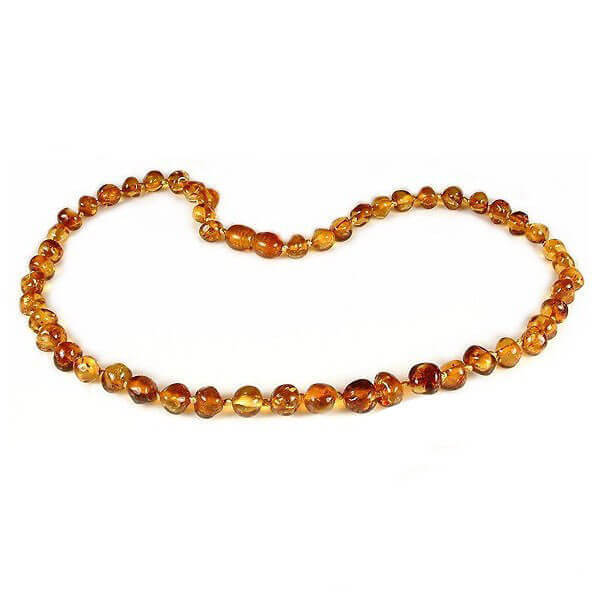 Amber teething necklace Baroque Caramel round beads for baby