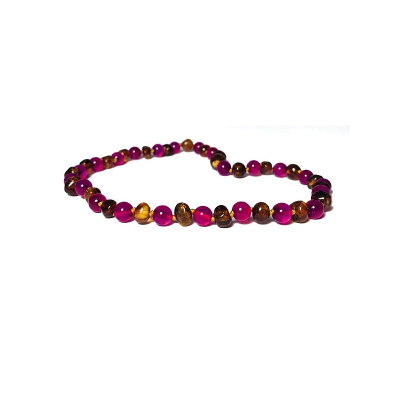 Collier Ambre bébé Caramel et Agate fuchsia