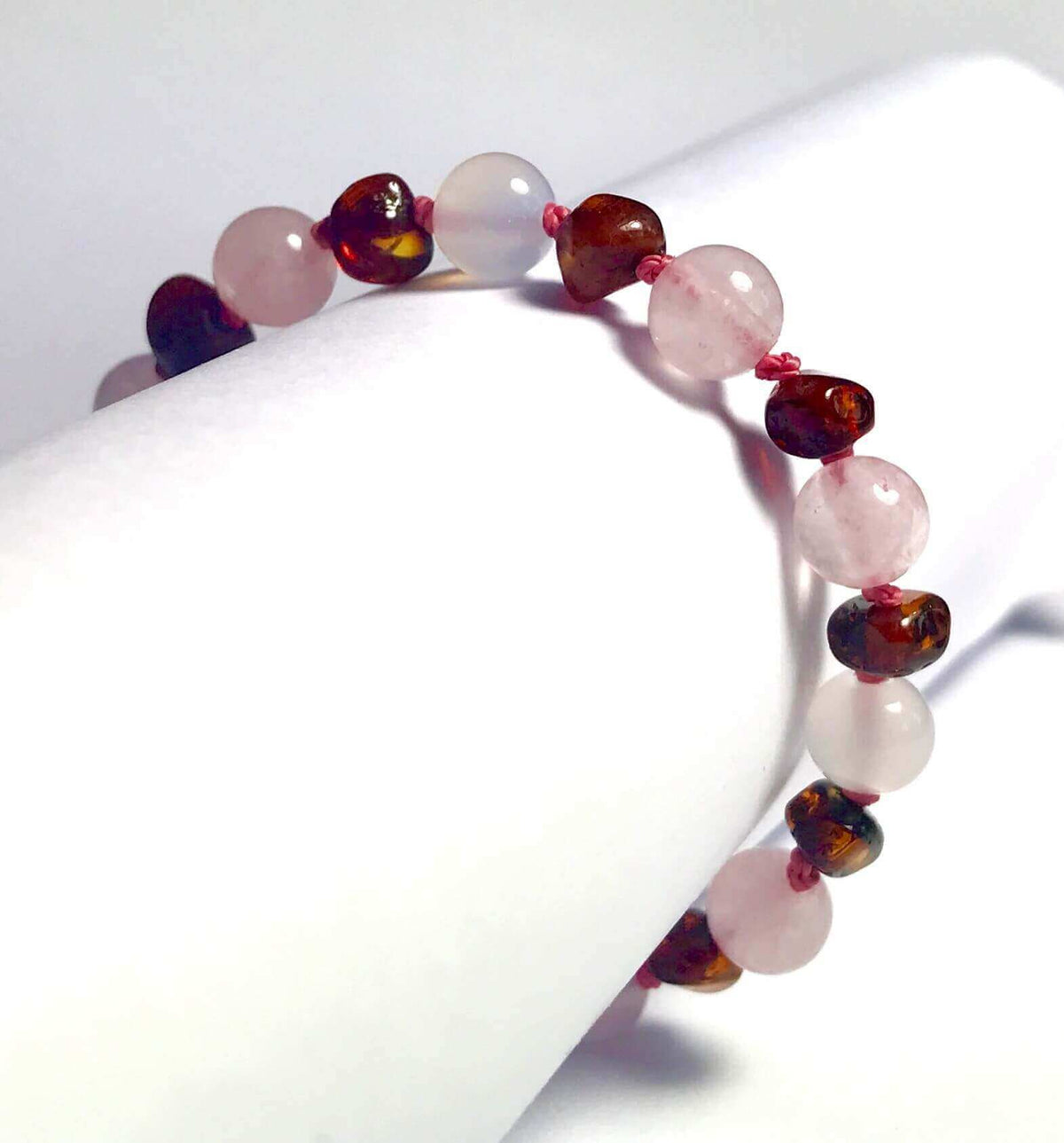 Bracelet bébé en Ambre Caramel et Quartz rose