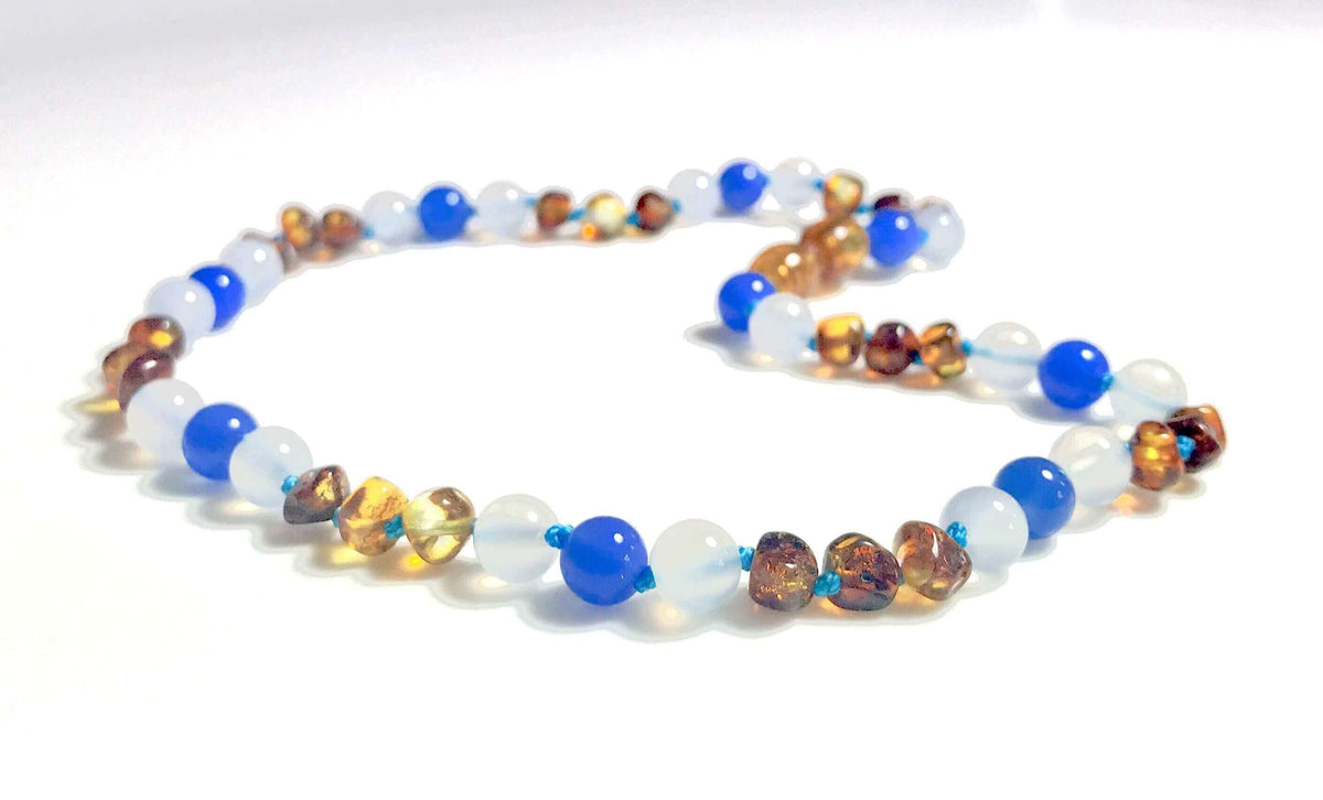 Collier bébé Ambre Caramel Agate blanche et bleue