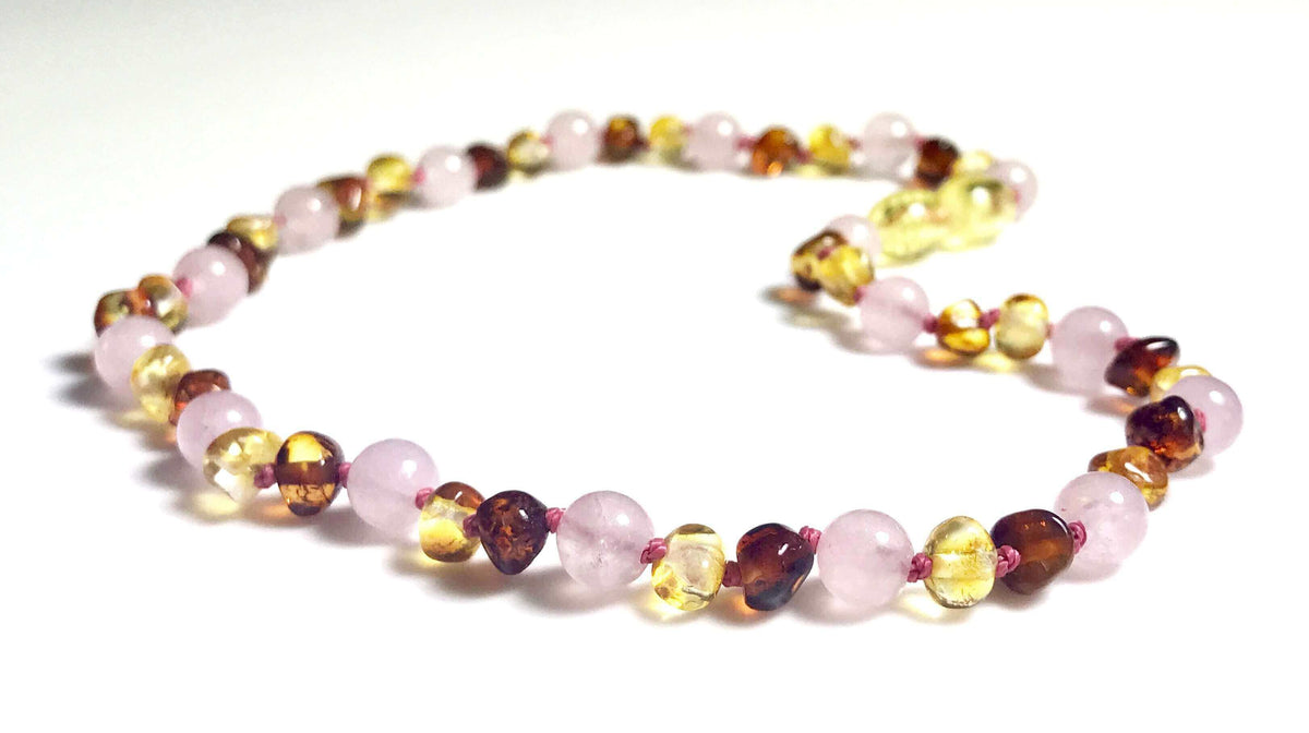 Collier bébé Ambre Citron et Caramel et Quartz rose perles Rondes