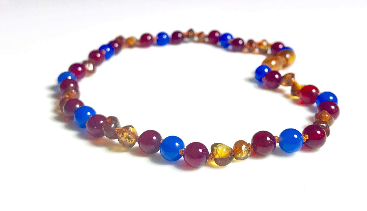 Collier bébé Ambre Caramel Agate Prune et bleue
