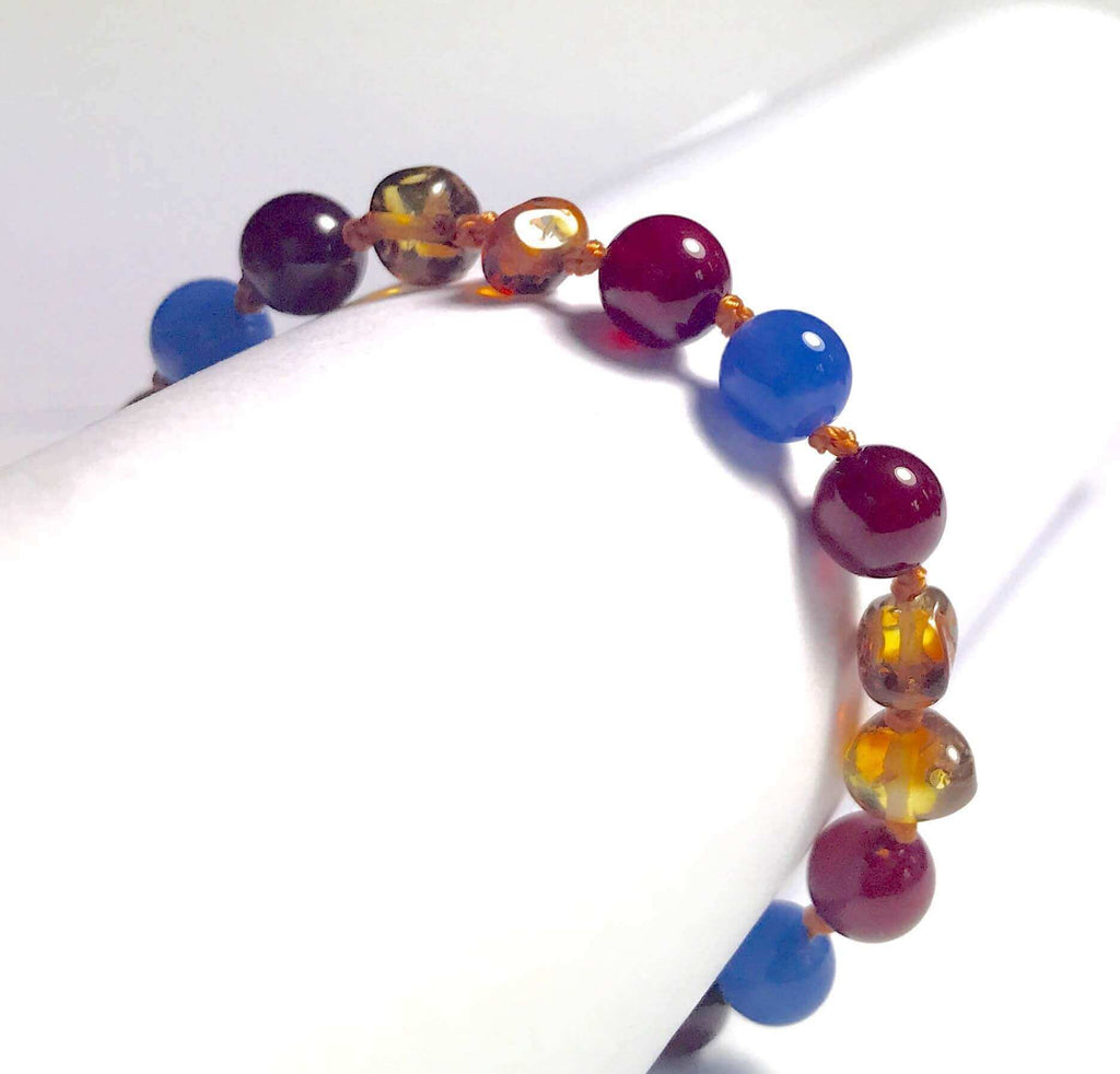 Bracelet bébé en Ambre et Agate Bleue et Prune