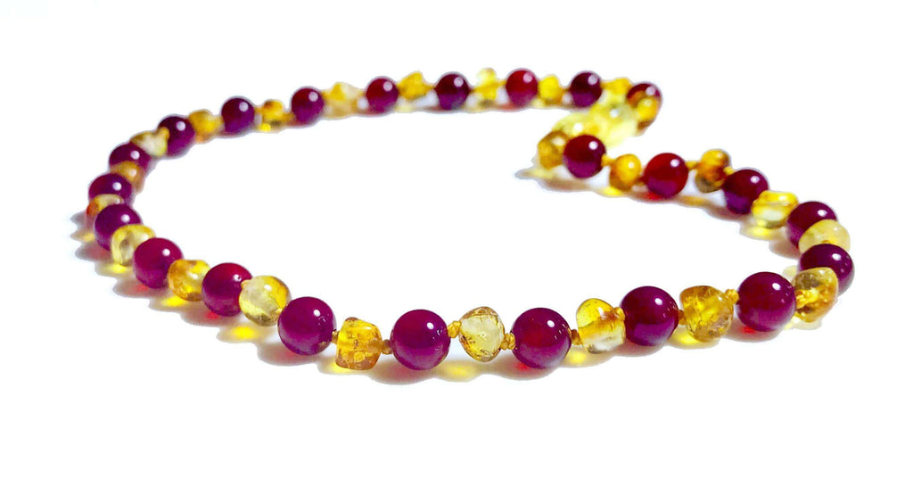 Collier bébé Ambre Citron Agate Fushia