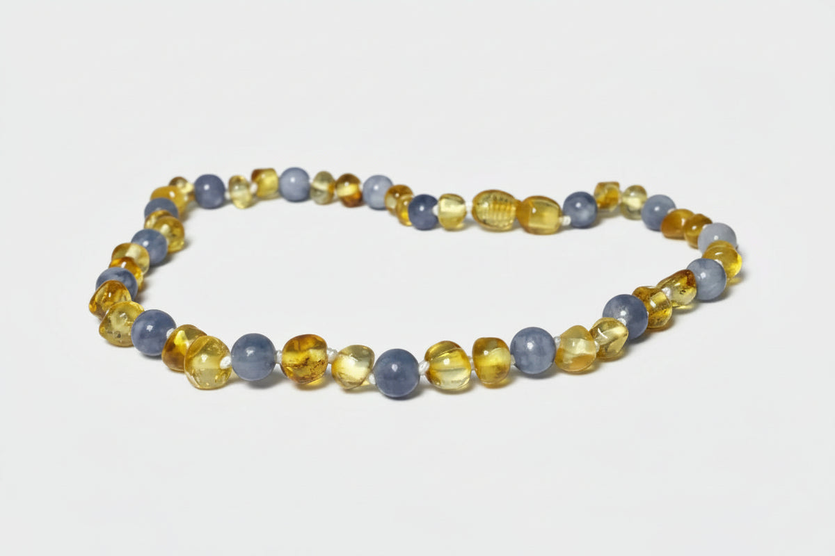 Collier bébé Ambre Citron et Aigue-marine bleu