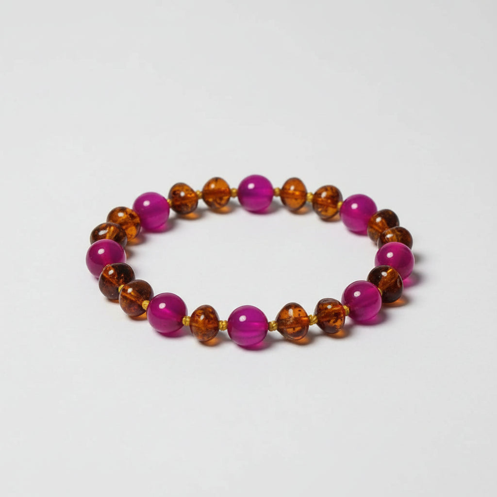 Bracelet bébé en Ambre et Agate Fuchsia