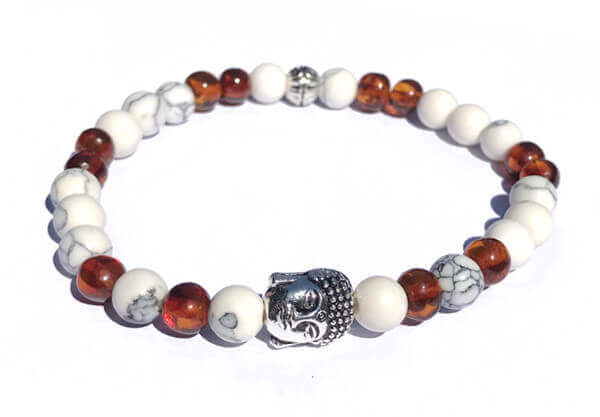 Bracelet Femme en Ambre  et Howlite - tête Buddha