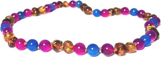 Collier bébé Ambre Caramel Agate Fuchsia et bleue