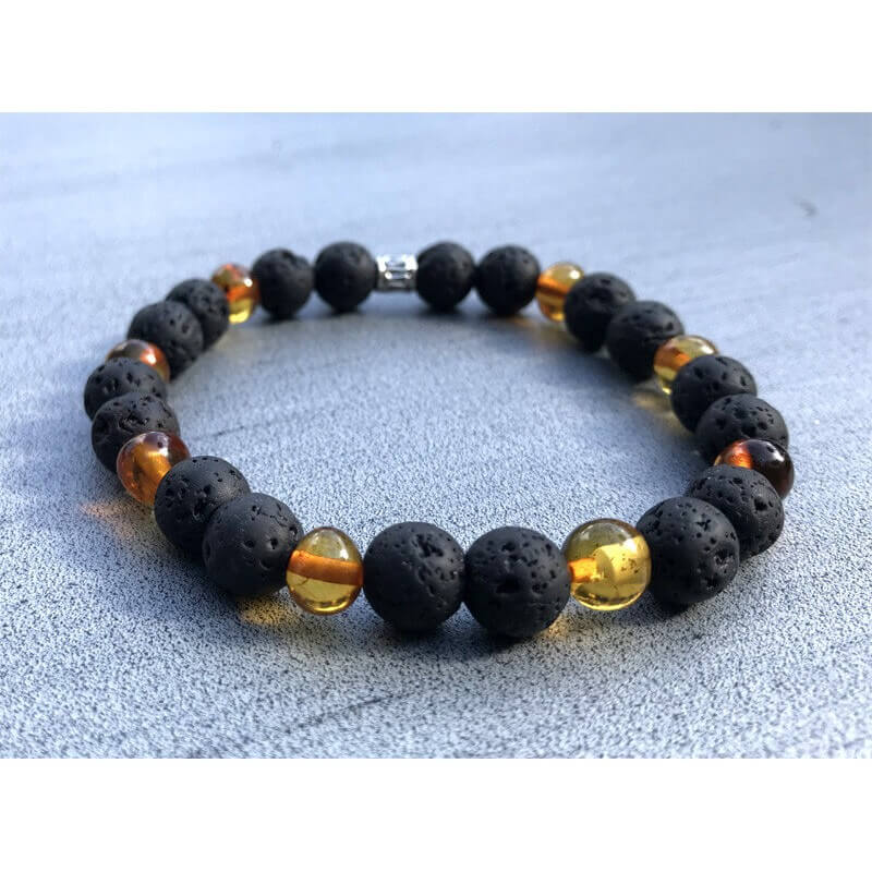 Bracelet Homme Ambre  et Pierre de lave