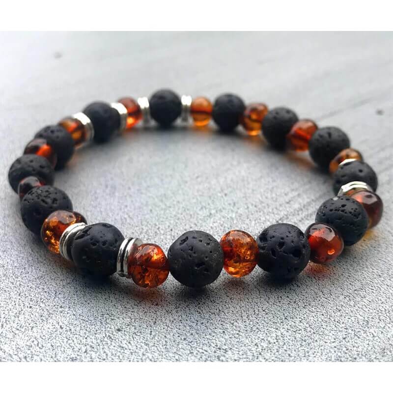 Bracelet Homme Energie : Ambre  et Pierre de lave