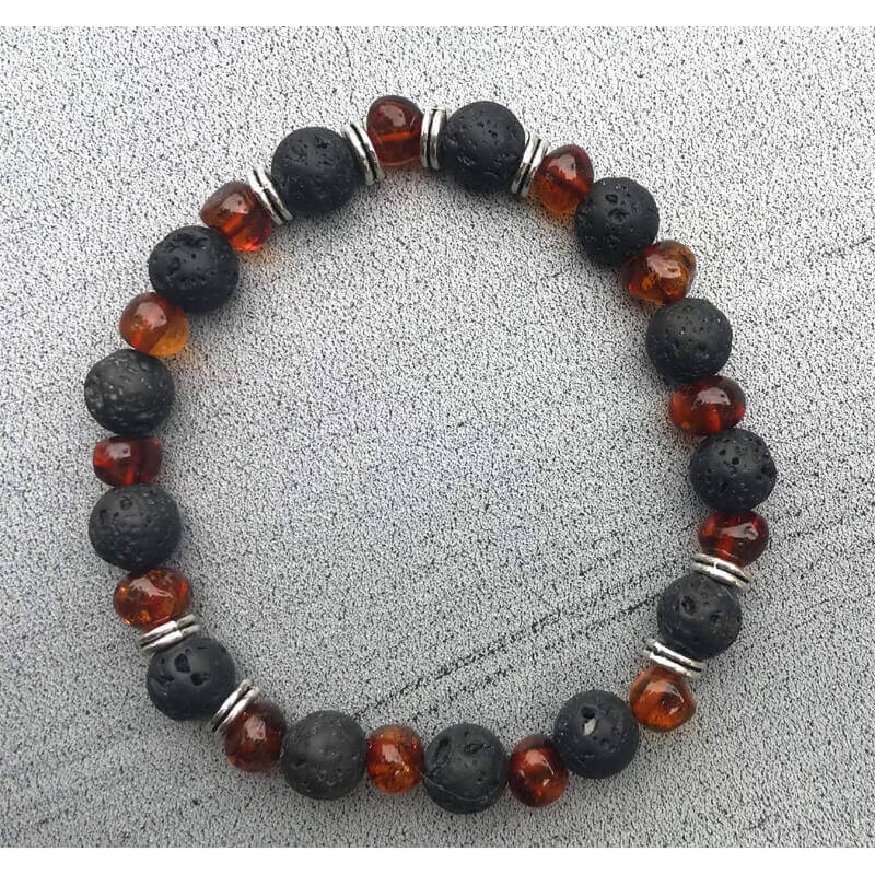 Bracelet Homme Energie : Ambre  et Pierre de lave