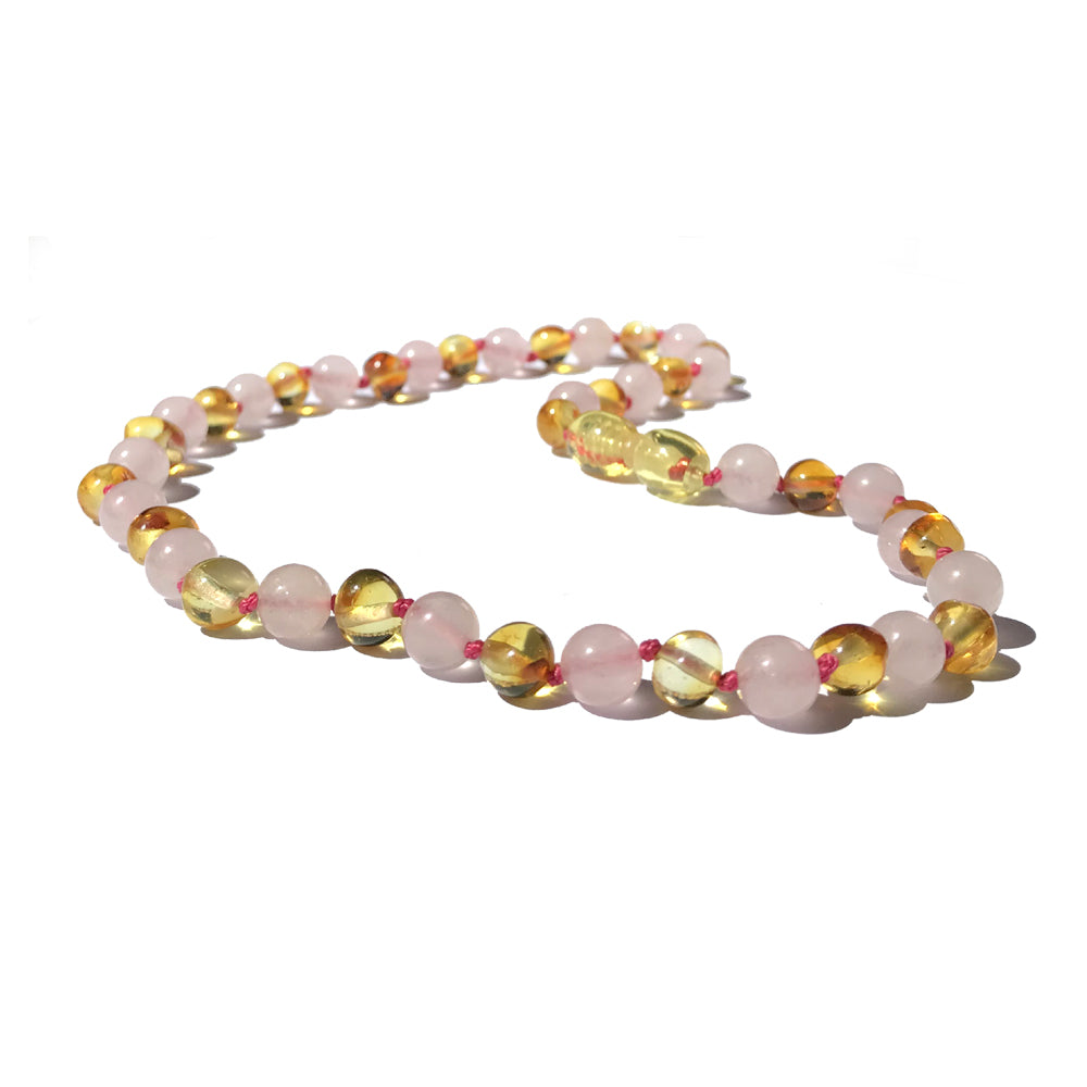 Collier Ambre bébé Citron et Quartz rose - 3 tailles au choix